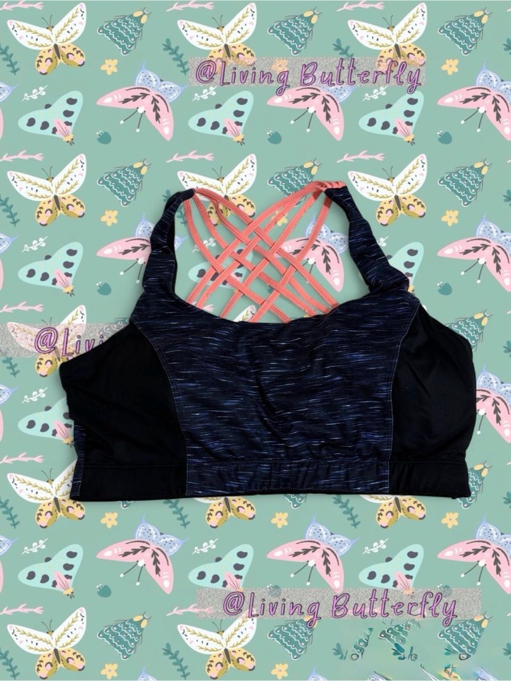 Fabulous Strappy Back Sports Bra XXXL - Blue & Black with Coral Straps